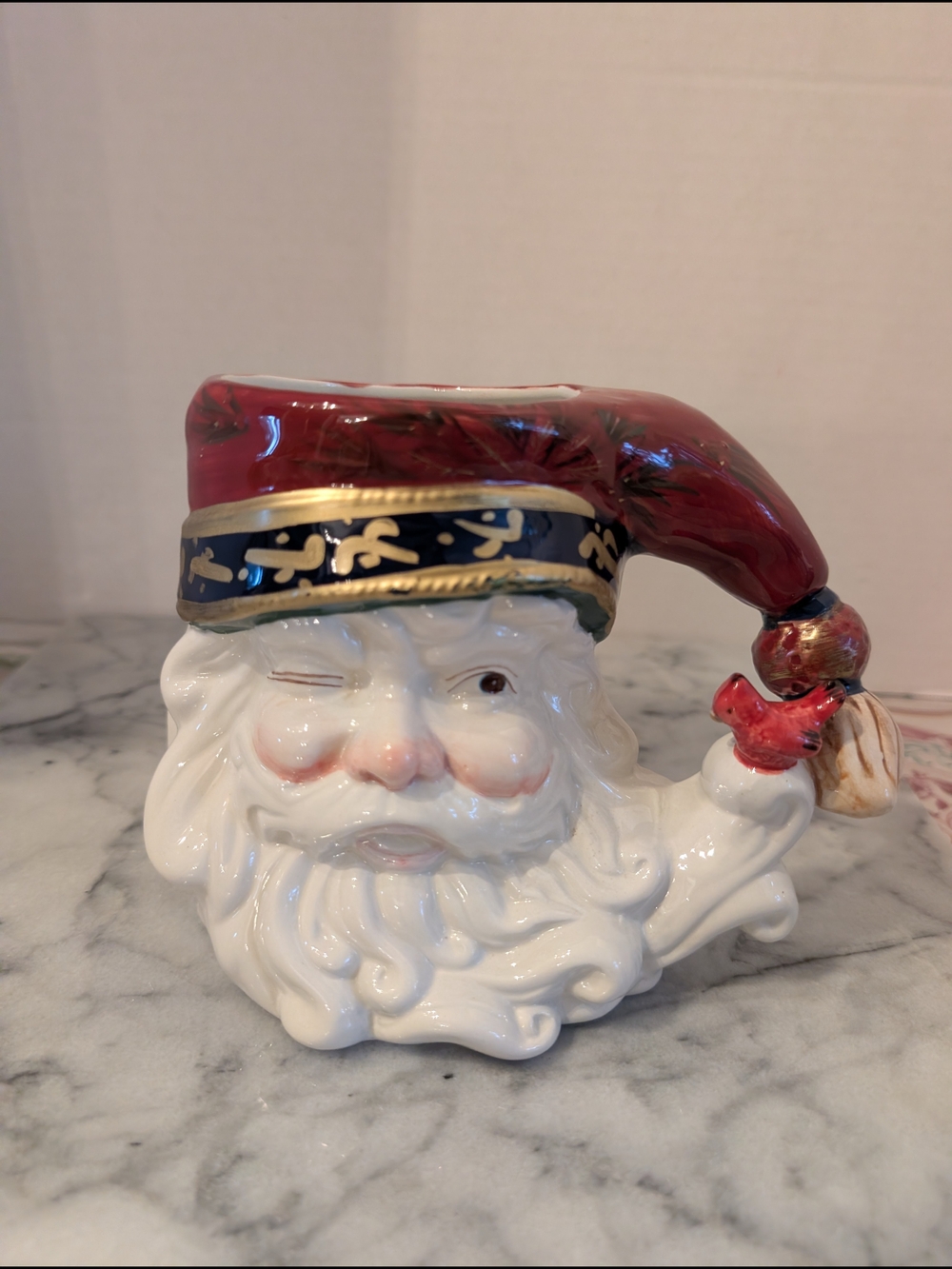 Vintage Winking Santa Figural Ceramic Mug Cup Red Hat Cardinal Christmas Decor